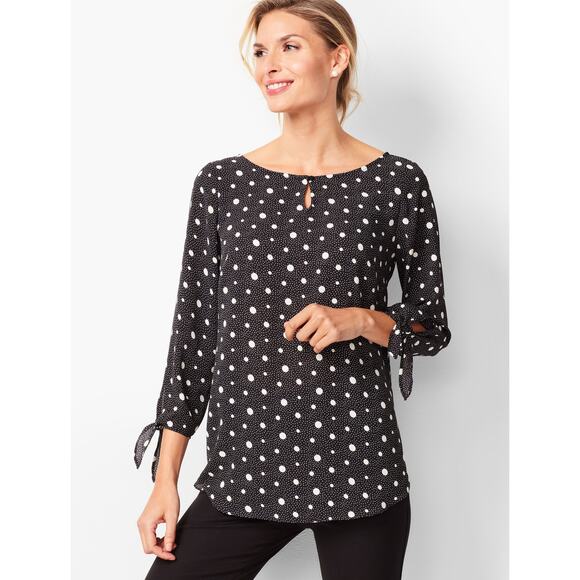 Talbots Tie-Sleeve Blouse Top Black Bold Polka Keyhole Neck 3/4 Sleeve Sz M - Picture 6 of 7